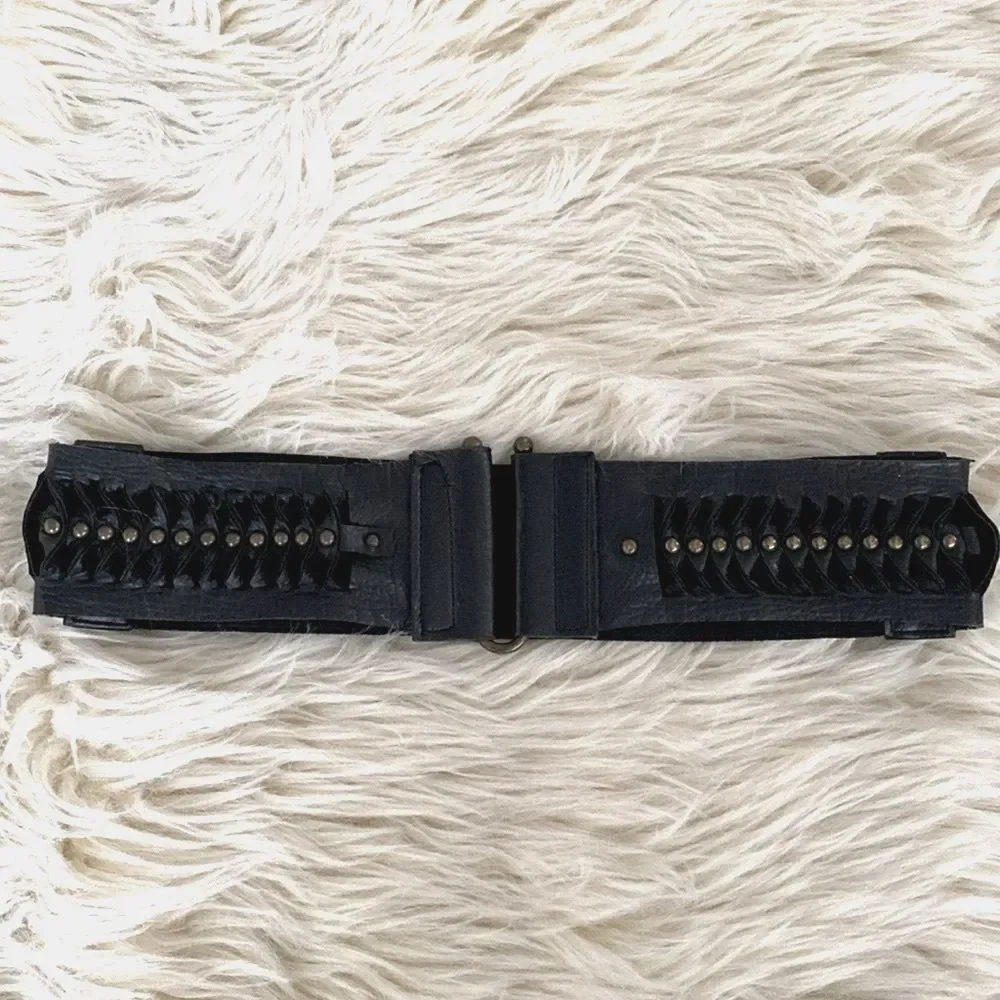 Vintage Black Vegan Leather Belt with Studded Elastic Back, Hook Front Boho Chic